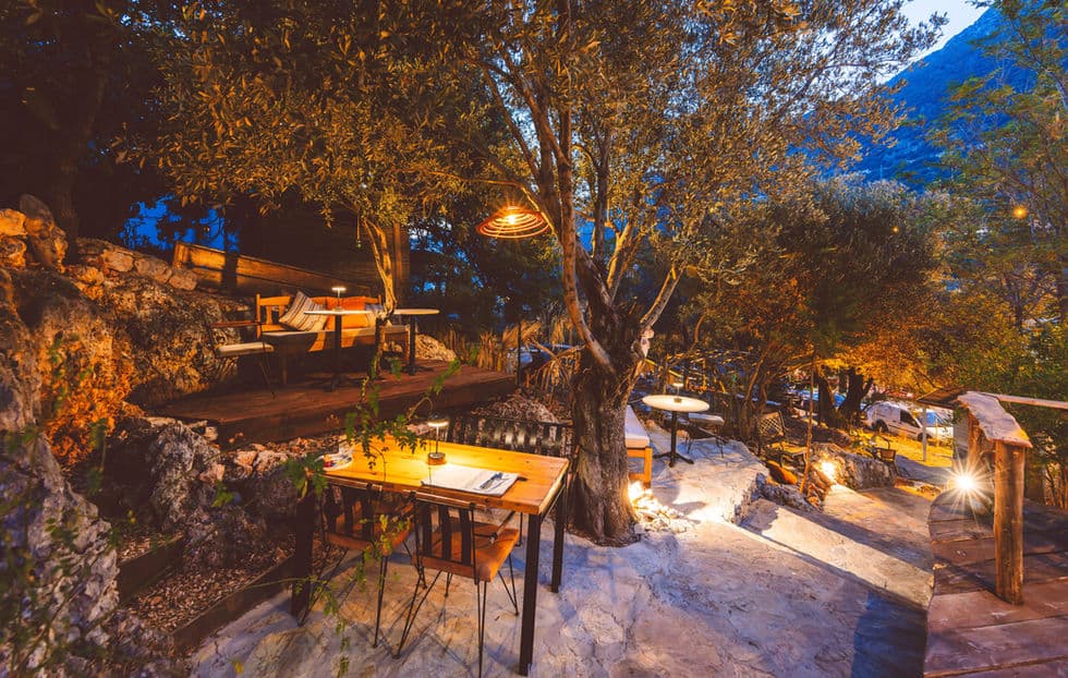 Zeytin ağaçları arasında akşam restoran bahçesi